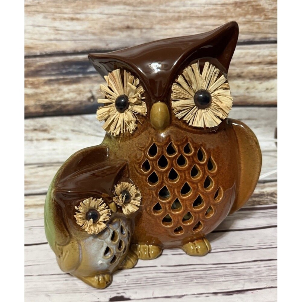 Ceramic Owl Family Two Owls 9.5" Table Top Night Light Brown Rafia Eyes